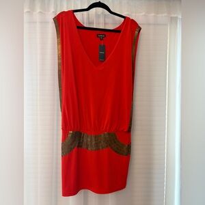bebe orange/red Sleeveless V-Neck Mini Dress with Gold Trim